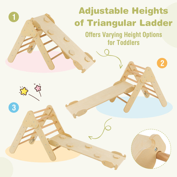 2-in-1 Adjustable Height Wooden Kids Climber Toys with Triangle Arch Ramp