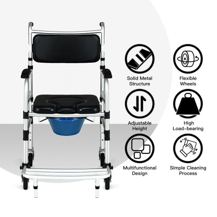 2-in-1 Aluminum Commode Shower Wheelchair with Locking Casters