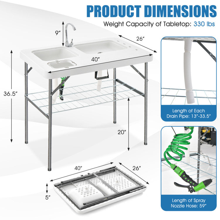 2-in-1 Camping Folding Fish Cleaning Table with Dual sinks and Rotatable Faucet