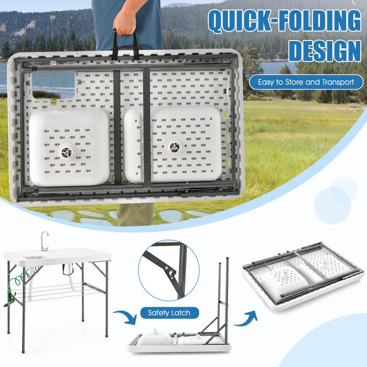 2-in-1 Camping Folding Fish Cleaning Table with Dual sinks and Rotatable Faucet