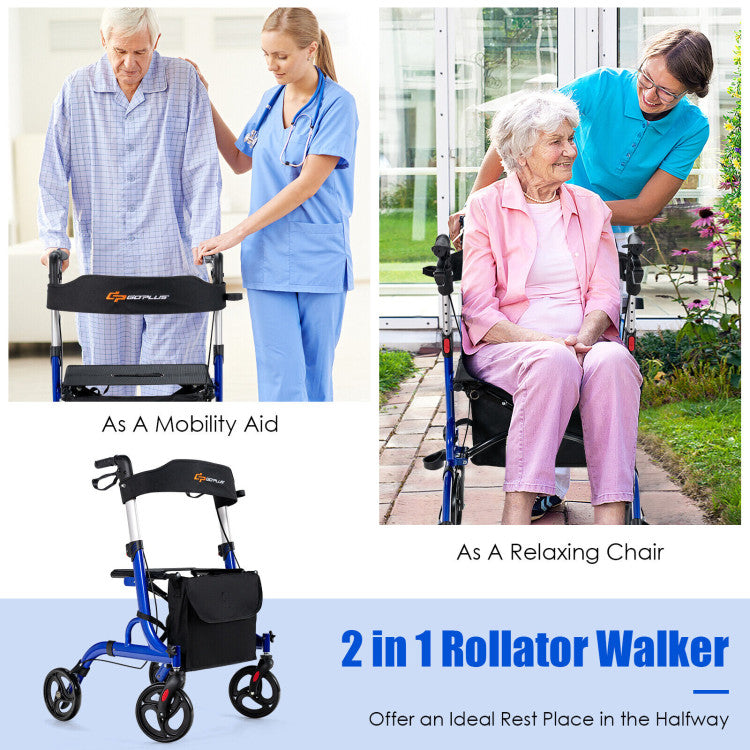 2-in-1 Folding Aluminum Seat Rollator Walker with 8-inch Wheels