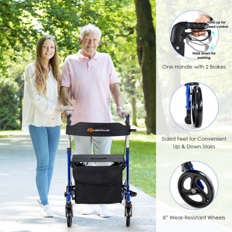 2-in-1 Folding Aluminum Seat Rollator Walker with 8-inch Wheels