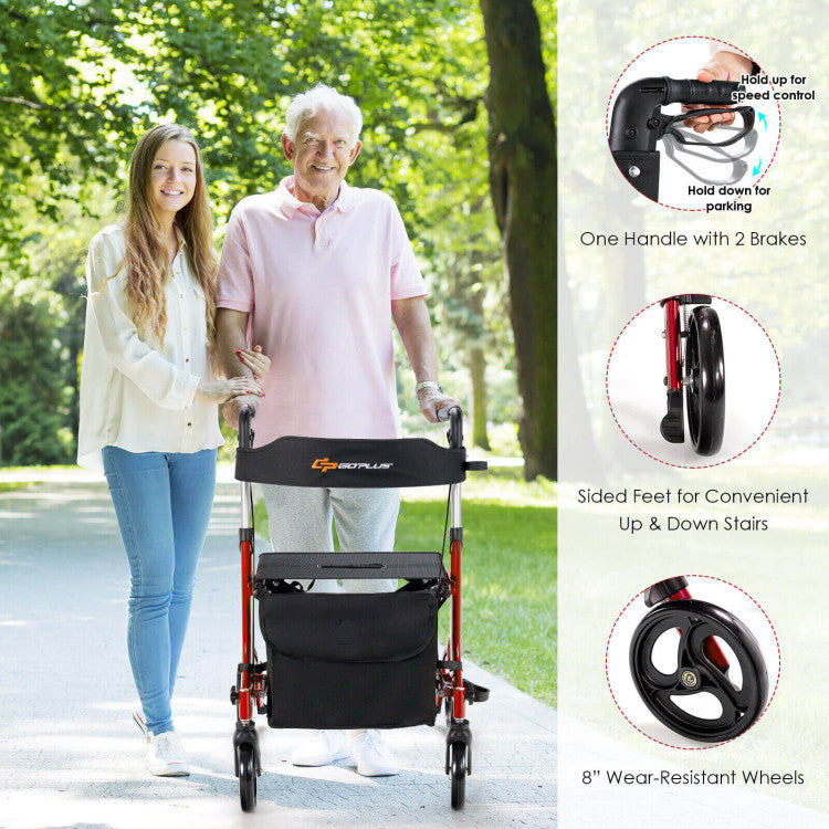 2-in-1 Folding Aluminum Seat Rollator Walker with 8-inch Wheels