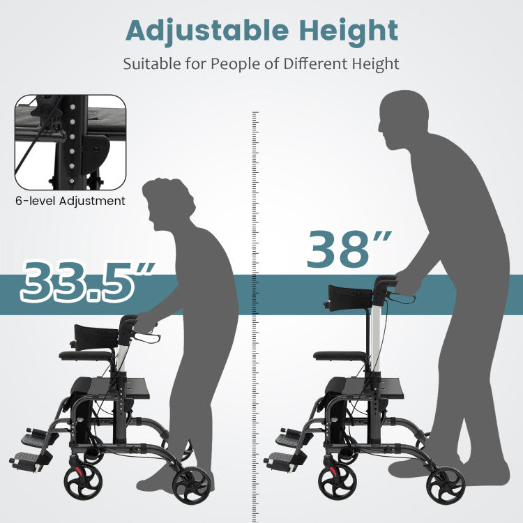 2 in 1 Rollator Walker Wheelchair Folding Medical Walker Rolling Transport Chair Mobility Walking