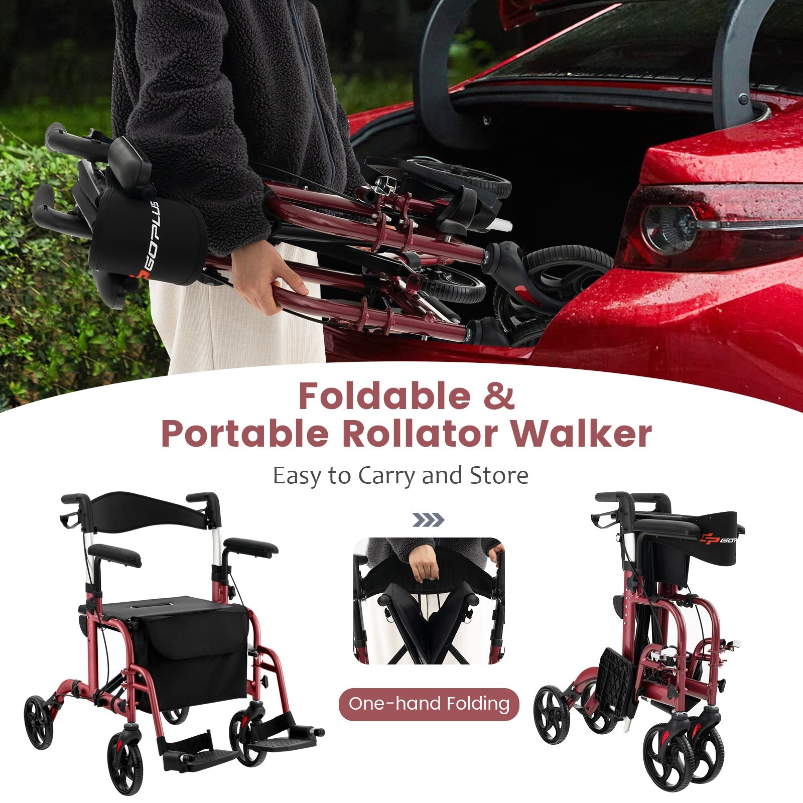 2 in 1 Rollator Walker Wheelchair Folding Medical Walker Rolling Transport Chair Mobility Walking