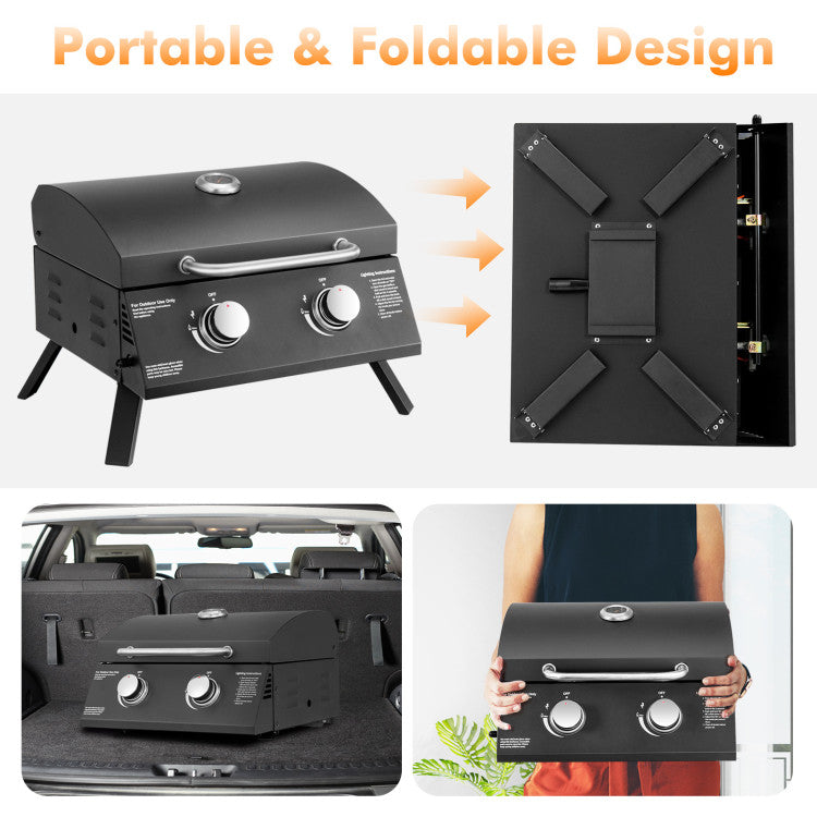 20000 BTU Outdoor Propane Gas Grill 2-Burner with Thermometer and Foldable Legs