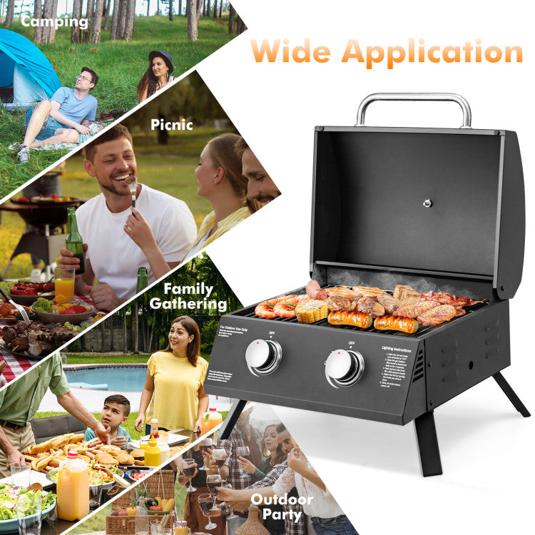 20000 BTU Outdoor Propane Gas Grill 2-Burner with Thermometer and Foldable Legs