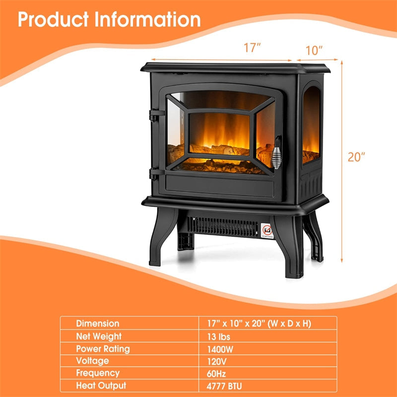 20" Electric Fireplace Stove Freestanding Fireplace Infrared Heater 1400W with Adjustable Thermostat & Realistic Flame Effect