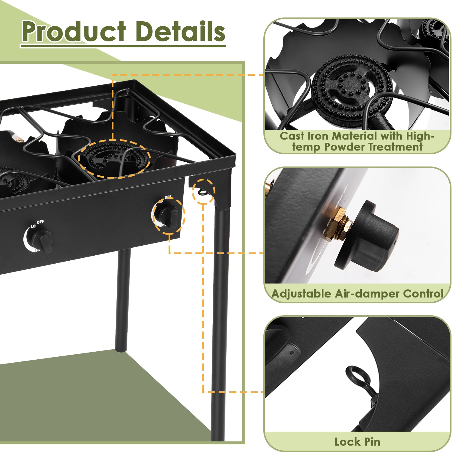 225,000-BTU Portable Propane 3 Burner Gas Cooker for Outdoor Camping