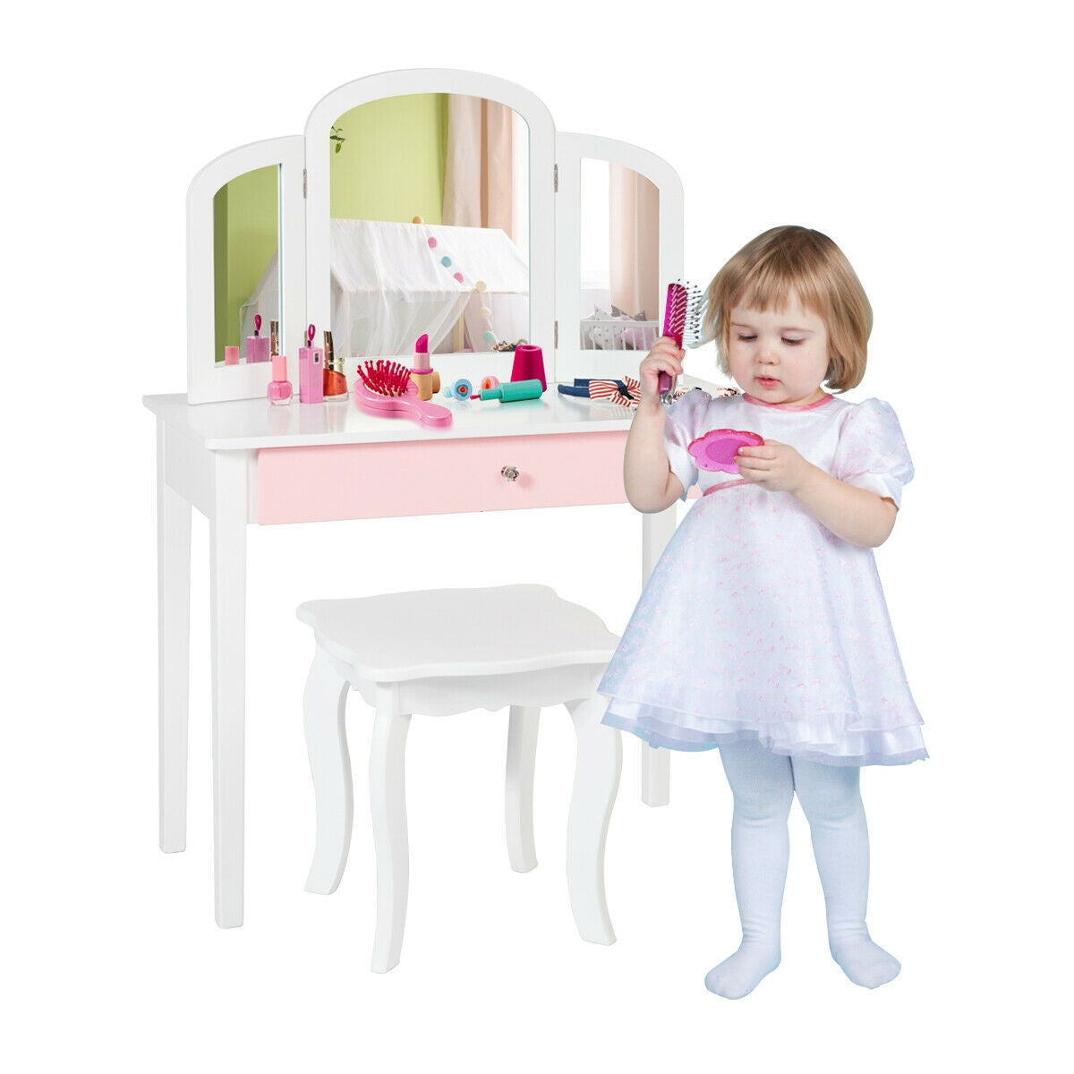 Kids Princess Make Up Dressing Table with Tri-folding Mirror and Chair