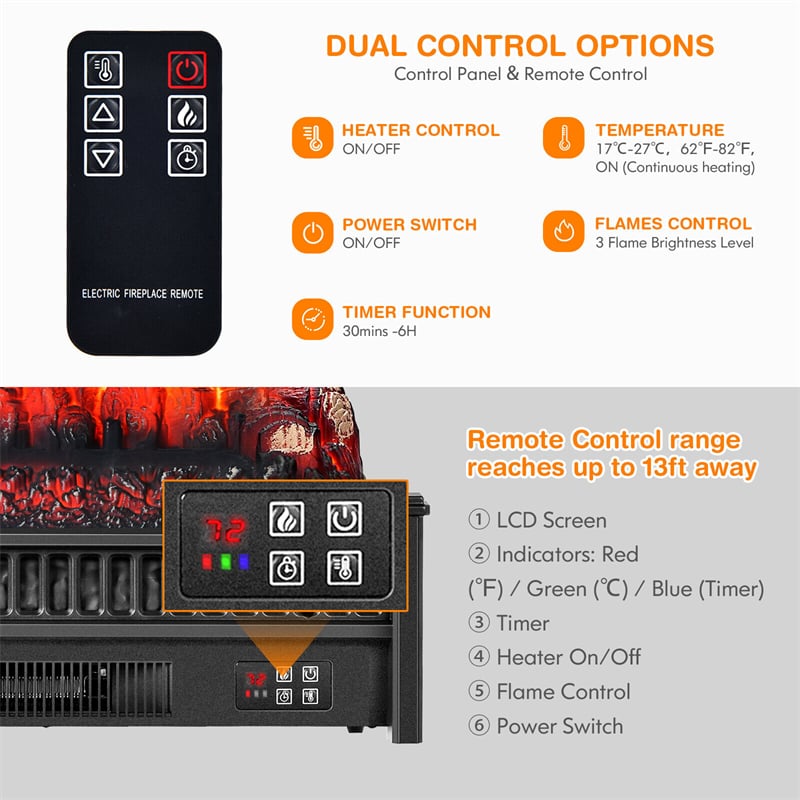 23” Electric Fireplace Log Heater 1400W Fireplace Insert with Remote Control & Realistic Ember Bed