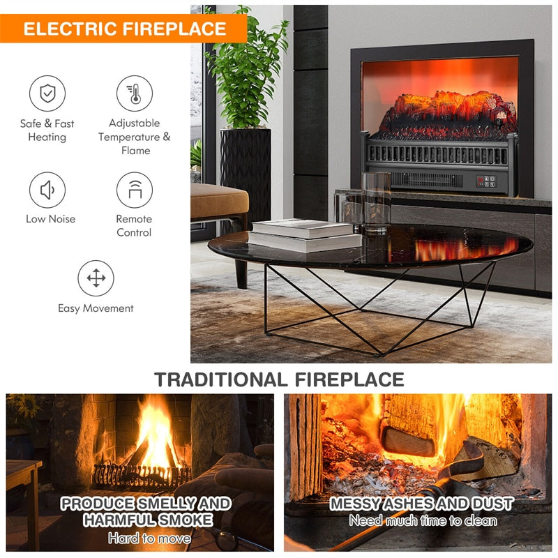 23” Electric Fireplace Log Heater 1400W Fireplace Insert with Remote Control & Realistic Ember Bed