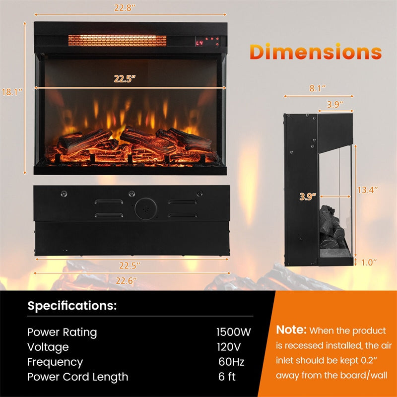 23" 3-Sided Electric Fireplace Insert 1500W Fireplace Heater with Remote Control, Overheat Protection & Thermostat