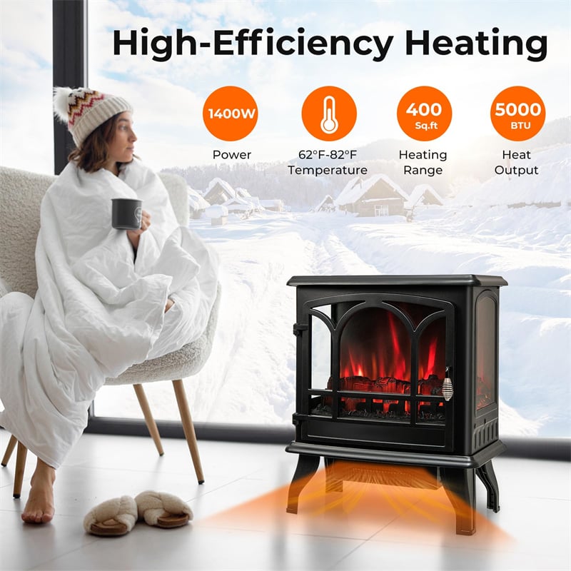 23” Electric Fireplace Stove Freestanding 3-Sided Fireplace Heater 1400W with Remote Control, 3-Level Dimmable Flame Effect, 6H Timer, Overheat Protection