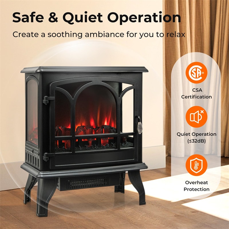 23” Electric Fireplace Stove Freestanding 3-Sided Fireplace Heater 1400W with Remote Control, 3-Level Dimmable Flame Effect, 6H Timer, Overheat Protection