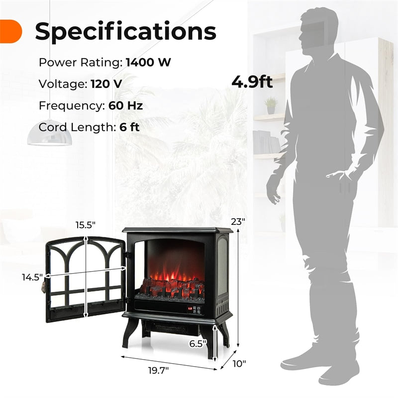 23” Electric Fireplace Stove Freestanding 3-Sided Fireplace Heater 1400W with Remote Control, 3-Level Dimmable Flame Effect, 6H Timer, Overheat Protection