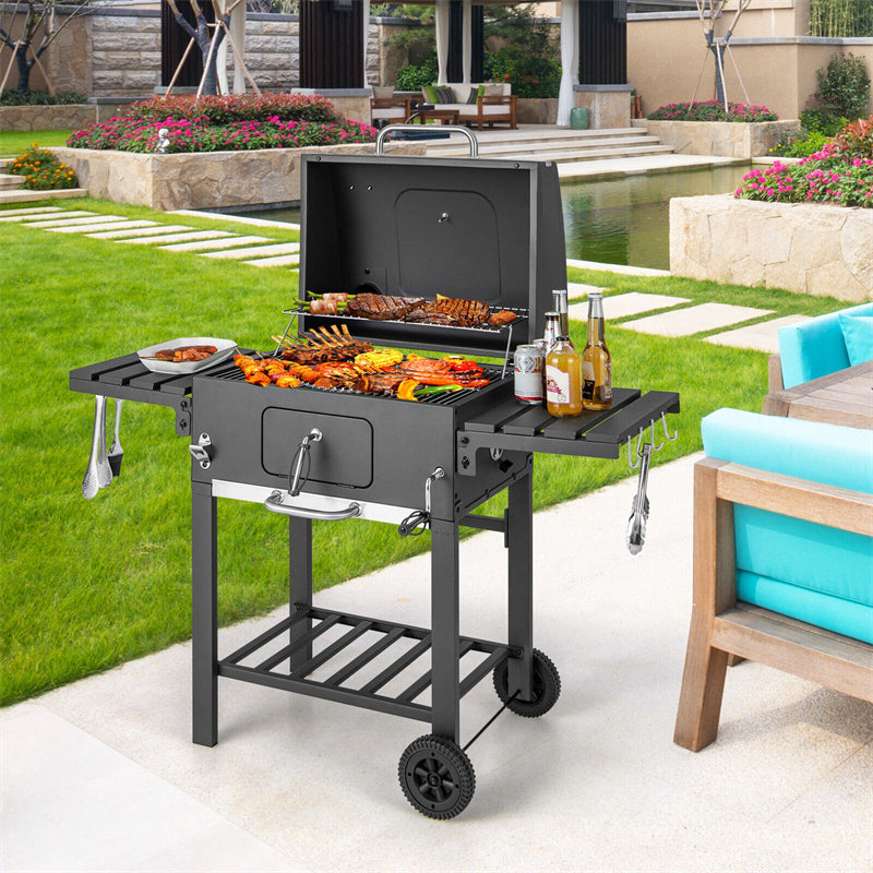 24" Charcoal Grill Outdoor BBQ Grill with 2 Foldable Side Tables, Bottom Storage Shelf & 2 Wheels for Family Gatherings Party