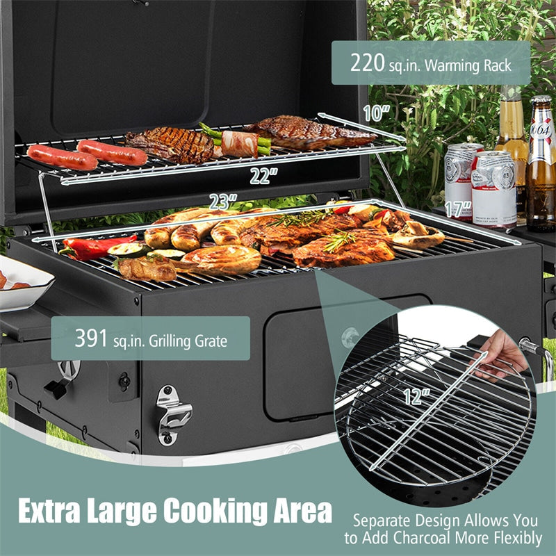 24" Charcoal Grill Outdoor BBQ Grill with 2 Foldable Side Tables, Bottom Storage Shelf & 2 Wheels for Family Gatherings Party