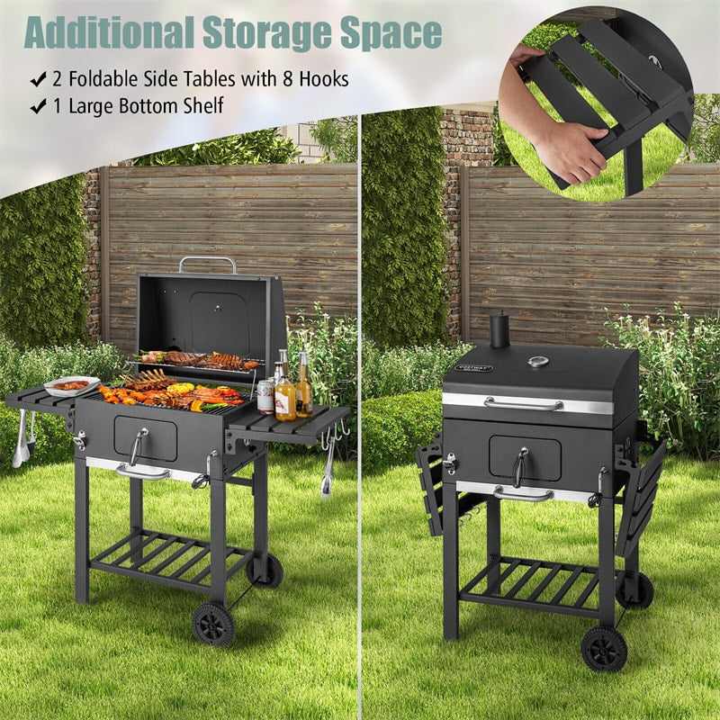 24" Charcoal Grill Outdoor BBQ Grill with 2 Foldable Side Tables, Bottom Storage Shelf & 2 Wheels for Family Gatherings Party