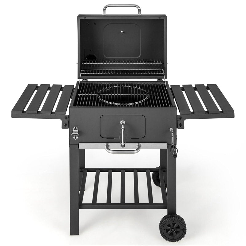 24" Charcoal Grill Outdoor BBQ Grill with 2 Foldable Side Tables, Bottom Storage Shelf & 2 Wheels for Family Gatherings Party