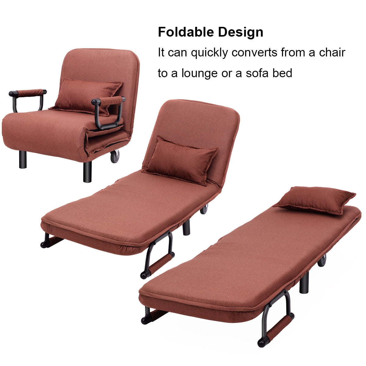 26.5 Inch Folding Leisure Recliner Sofa Bed with silent wheels & adjustable backrest