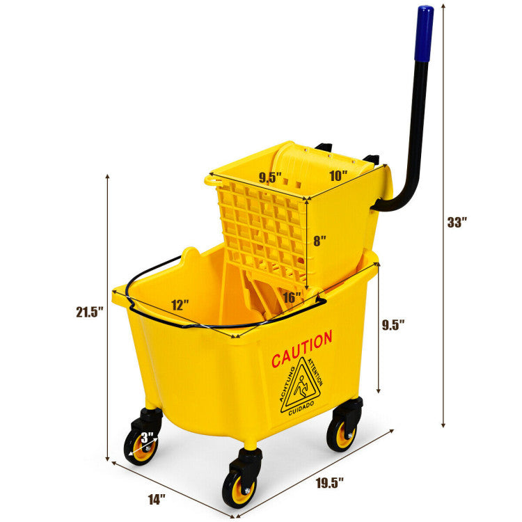 26 Quart Side Press Wringer Commercial Mop Bucket with Wheels for Restaurant and Hall