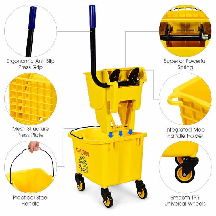 26 Quart Side Press Wringer Commercial Mop Bucket with Wheels for Restaurant and Hall
