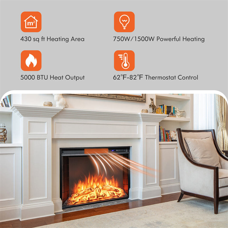 26 Inch Electric Fireplace Insert 750W/1500W Wall Recessed Fireplace Heater with Remote Control & LED Screen