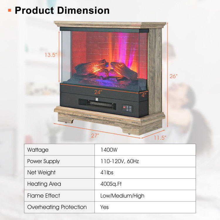 27 Inch Freestanding Electric Fireplace with 3-Level Adjustable Brightness Thermostat