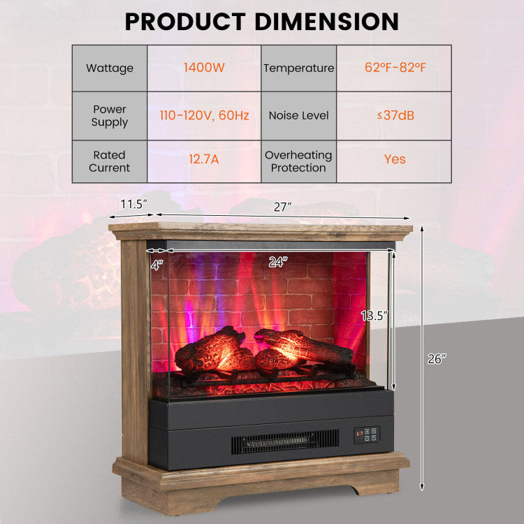 27 Inch Freestanding Fireplace with Remote Control and Multi-Color Realistic Flame