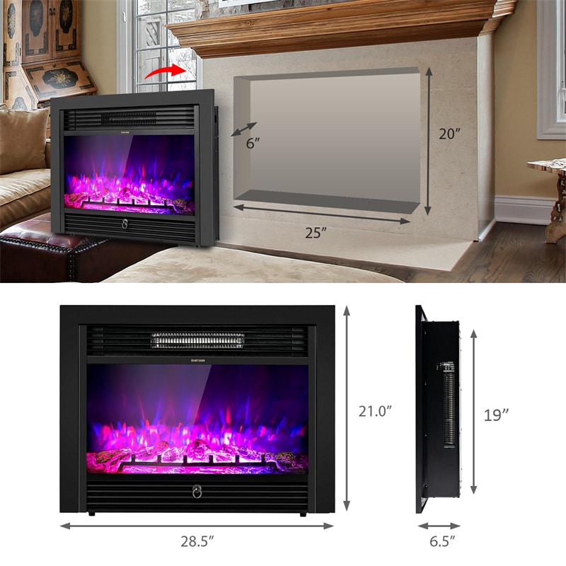 28.5" Electric Fireplace Insert 750W/1500W Freestanding Mounted Recessed Fireplace Heater with Remote Control & 3 Color Flame Adjustable