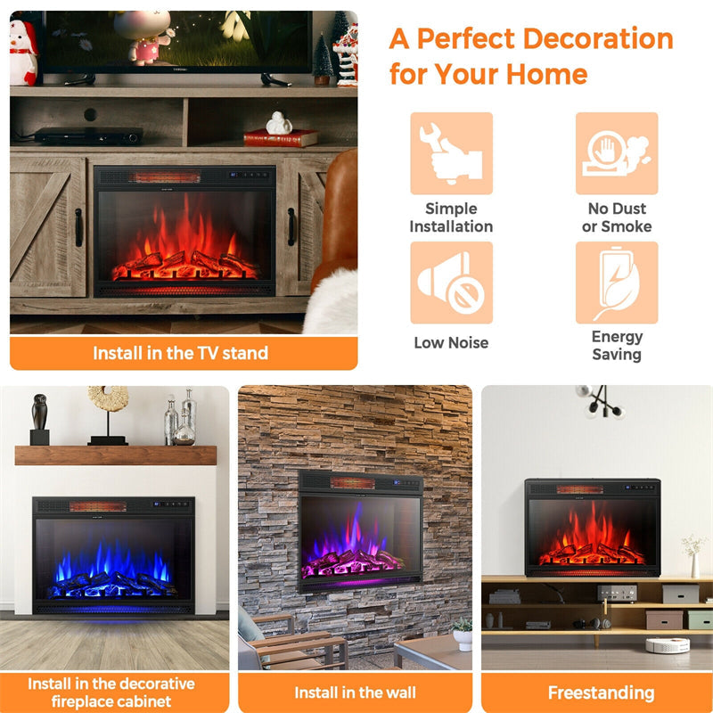 28" Electric Fireplace Insert 1350W Freestanding Recessed Fireplace Heater with Remote Contro & Built-in Thermostatl