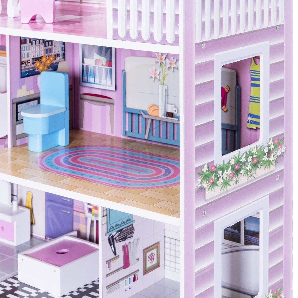 28 Inch  Pink Wooden Dreamy Classic Dollhouse for Kids with Toy Furniture