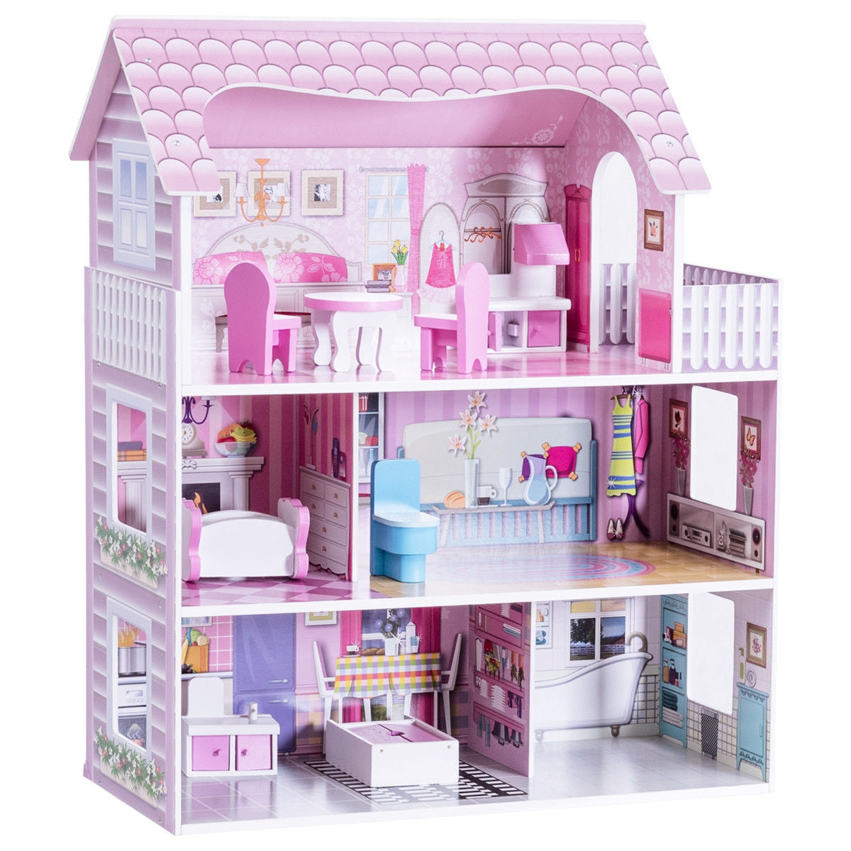 28 Inch  Pink Wooden Dreamy Classic Dollhouse for Kids with Toy Furniture