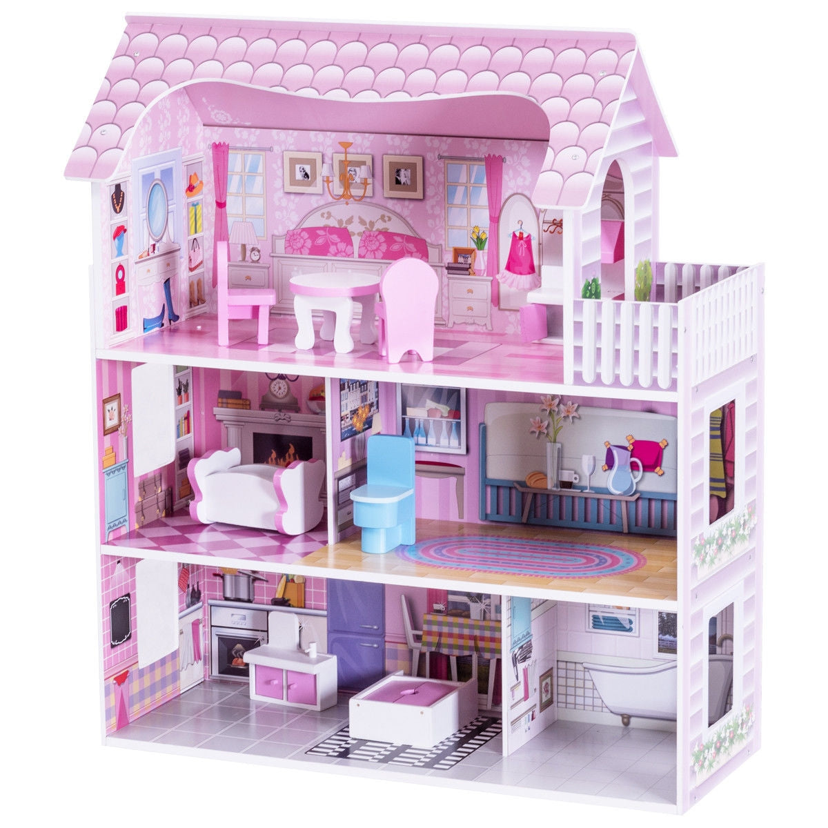 28 Inch  Pink Wooden Dreamy Classic Dollhouse for Kids with Toy Furniture