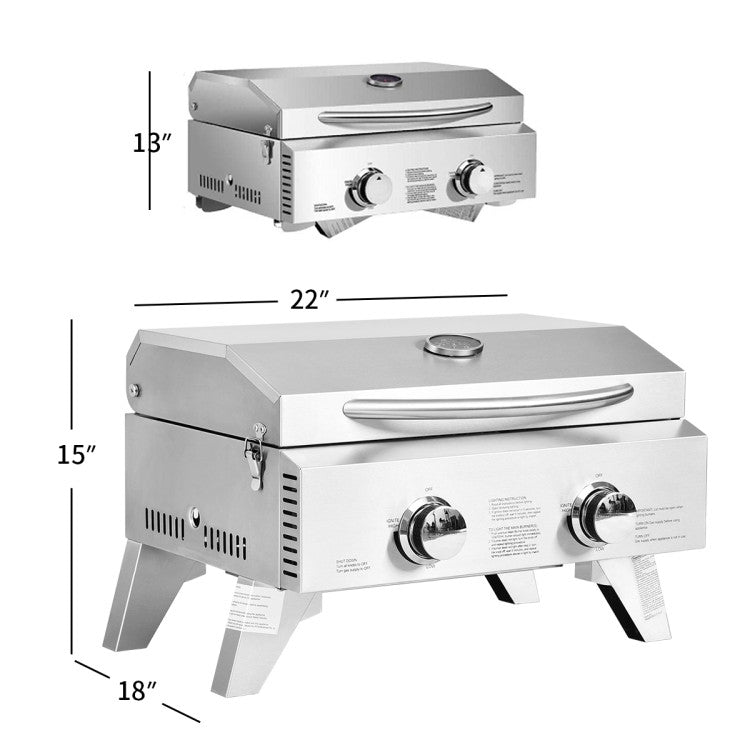 2 Burner Portable Stainless Steel BBQ Table Top Grill for Party