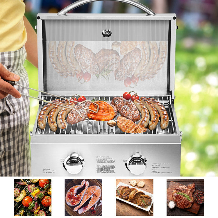 2 Burner Portable Stainless Steel BBQ Table Top Grill for Party
