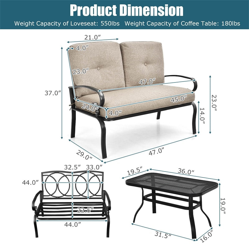 2 PCS Patio Loveseat Bench Table Set Cushioned Chair Conversation Sofa Set