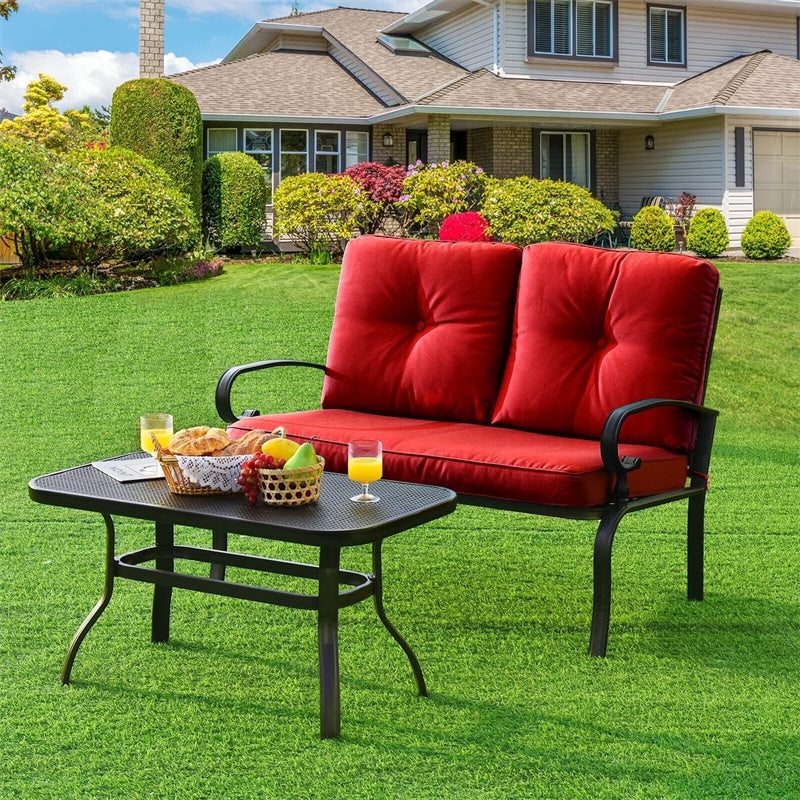 2 PCS Patio Loveseat Bench Table Set Cushioned Chair Conversation Sofa Set