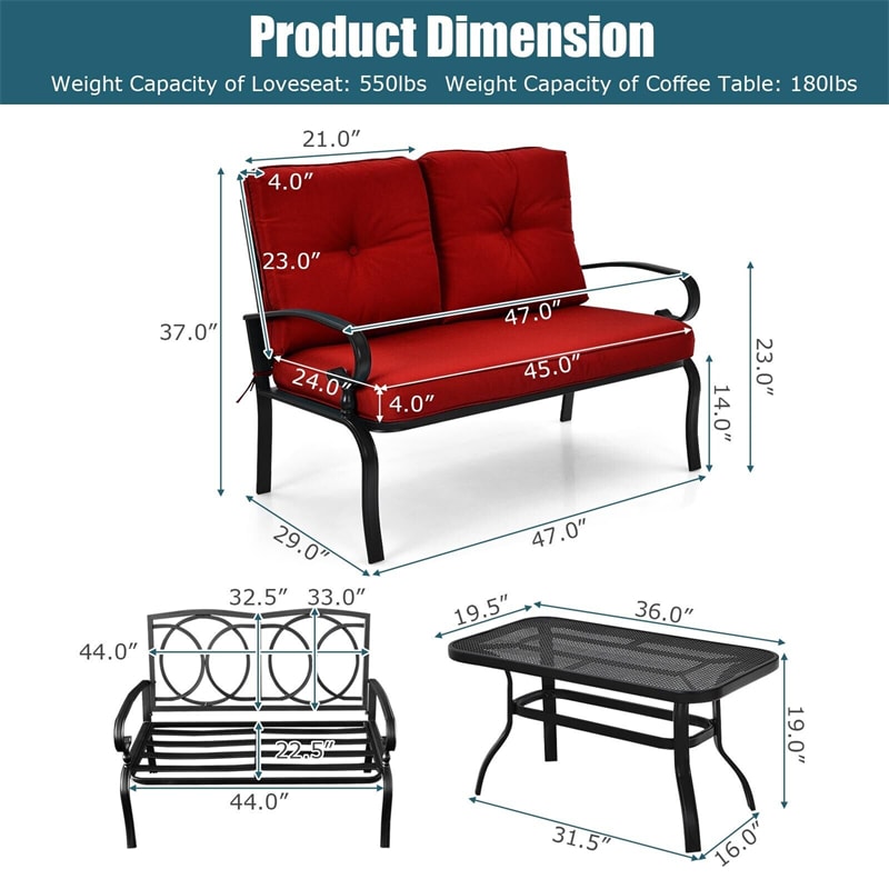 2 PCS Patio Loveseat Bench Table Set Cushioned Chair Conversation Sofa Set