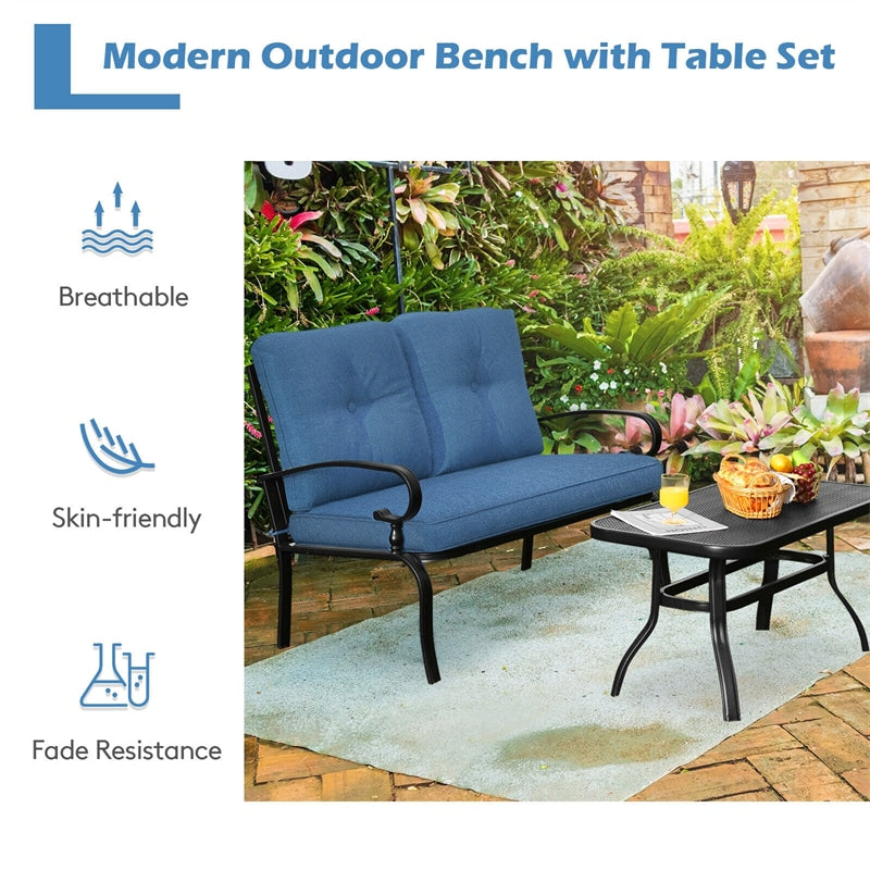 2 PCS Patio Loveseat Bench Table Set Cushioned Chair Conversation Sofa Set