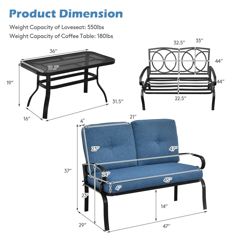 2 PCS Patio Loveseat Bench Table Set Cushioned Chair Conversation Sofa Set