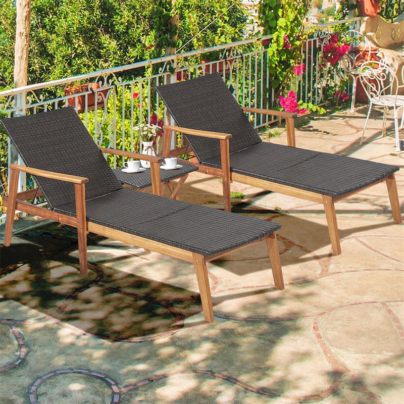 2-Piece Outdoor Wicker Chaise Lounge & Table Set 4-Position Adjustable Patio Lounge Chair with Folding Side Table & Acacia Frame