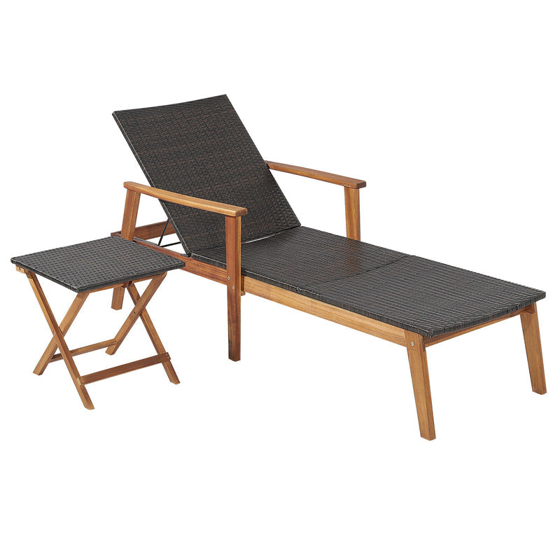 2-Piece Outdoor Wicker Chaise Lounge & Table Set 4-Position Adjustable Patio Lounge Chair with Folding Side Table & Acacia Frame