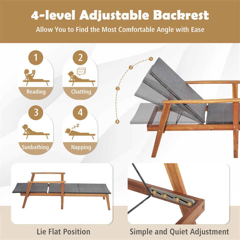 2-Piece Outdoor Wicker Chaise Lounge & Table Set 4-Position Adjustable Patio Lounge Chair with Folding Side Table & Acacia Frame