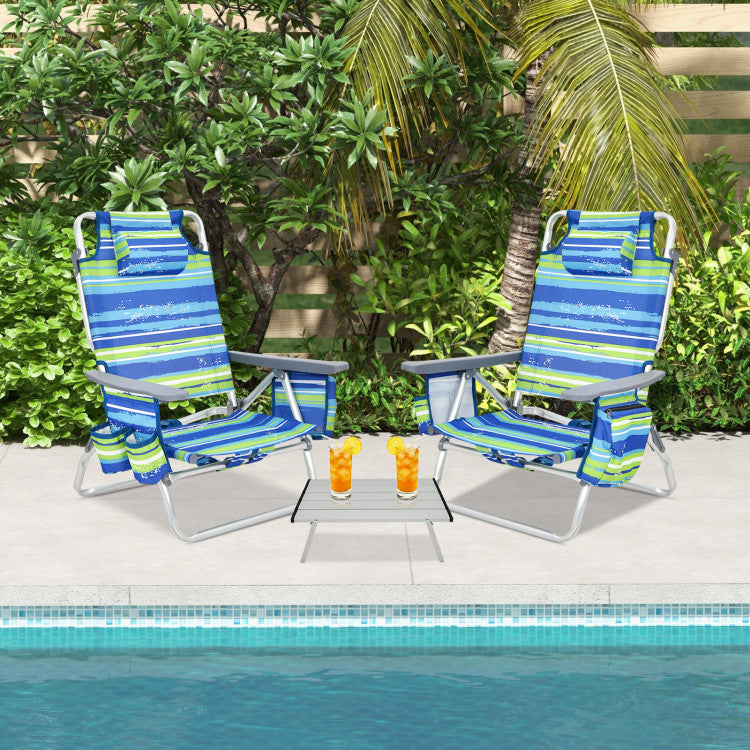 2-Pack 5 Adjustable Position Folding Beach Table Recliners Set with Cup Holders