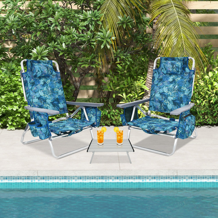 2-Pack 5 Adjustable Position Folding Beach Table Recliners Set with Cup Holders