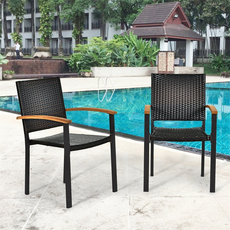 2 Pcs Wicker Stackable Outdoor Chairs PE Rattan Patio Dining Chairs with Galvanized Steel Frame & Acacia Wood Armrests