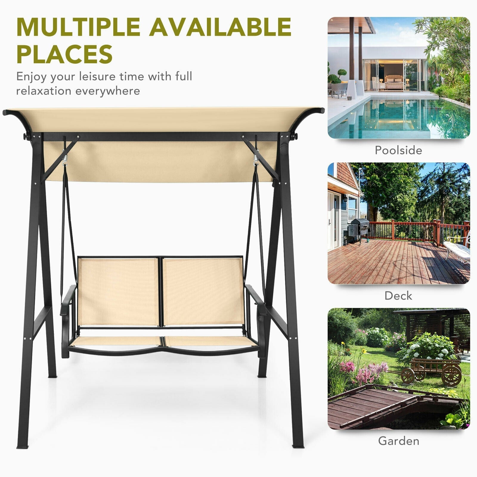2-Person Patio Swing with Weather Resistant Glider and Adjustable Canopy for Patio, Pool, Garden