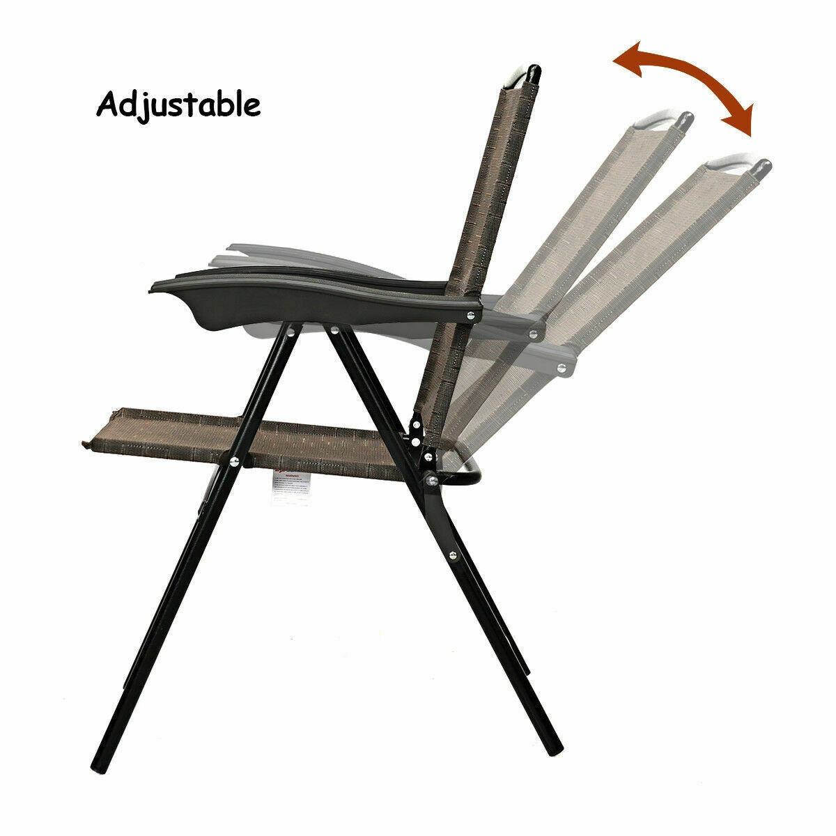 2 Pieces Folding Sling Chairs with Steel Armrests and Adjustable Back